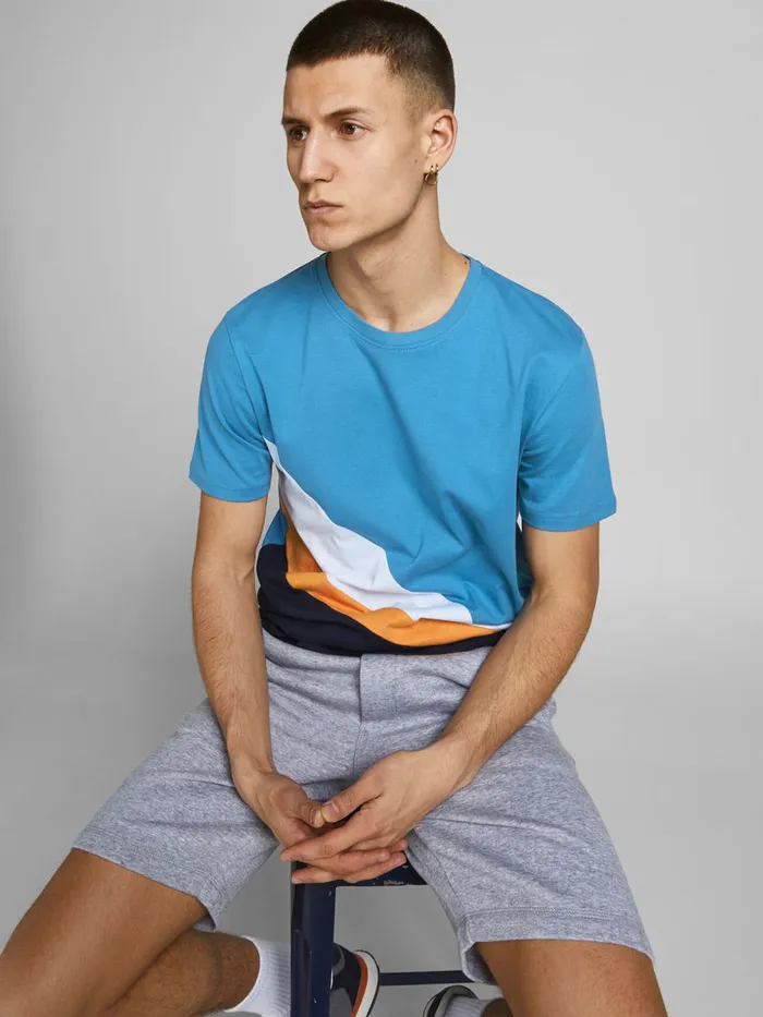 Tshirts JACK and JONES Mens WAVY COLOUR BLOCK TSHIRT Blue Deep Water On Sale