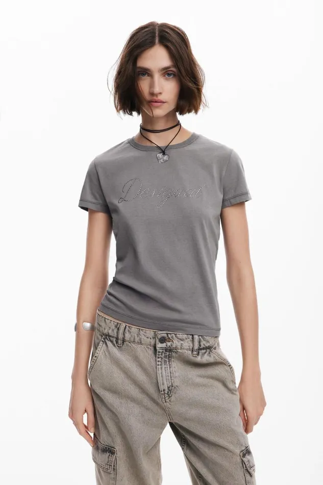 TShirts Women Desigual Slim Rhinestone Tshirt Black