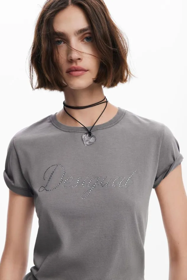 TShirts Women Desigual Slim Rhinestone Tshirt Black