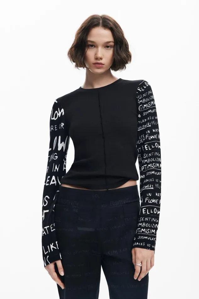 TShirts Women Desigual Tshirt With Printed Sleeves Black
