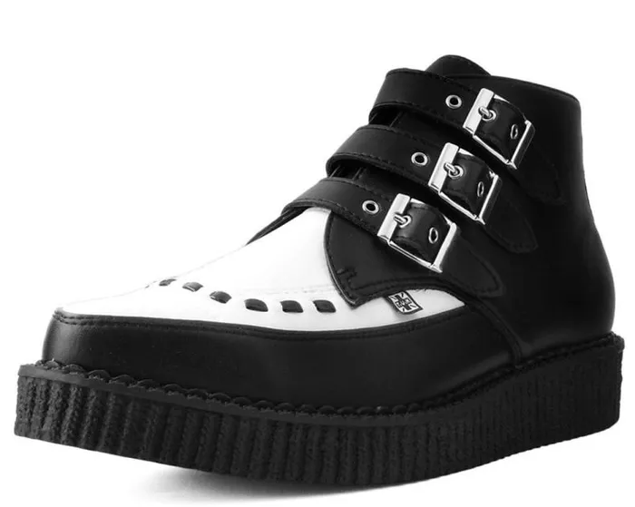 TUK Shoes Boots Women Black and White TUKskin Vegan 3Buckle Pointed Creeper Boot TUK Shoes Boots Women Black and White TUKskin Vegan 3Buckle Pointed Creeper Boot