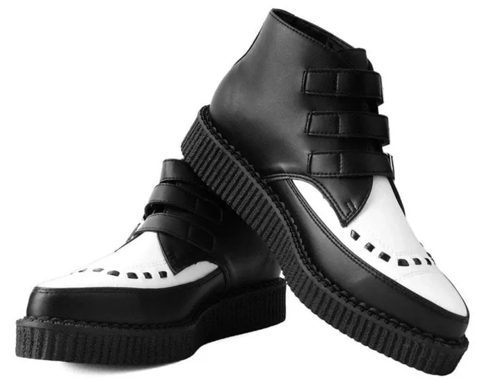 TUK Shoes Boots Women Black and White TUKskin Vegan 3Buckle Pointed Creeper Boot
