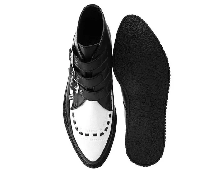 TUK Shoes Boots Women Black and White TUKskin Vegan 3Buckle Pointed Creeper Boot