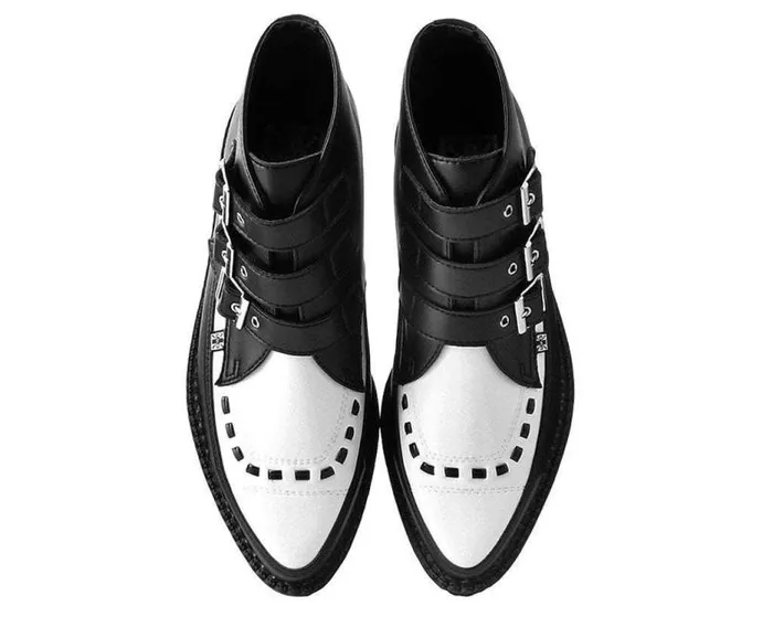 TUK Shoes Boots Women Black and White TUKskin Vegan 3Buckle Pointed Creeper Boot
