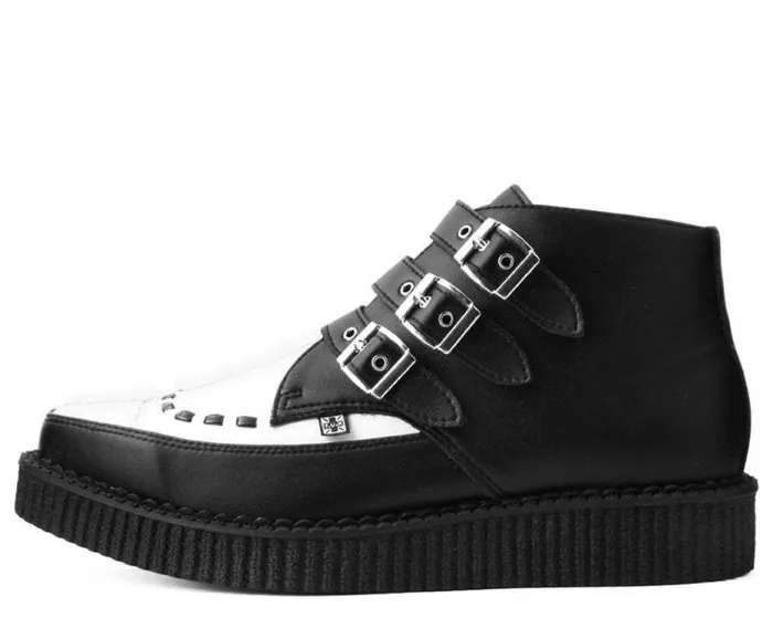TUK Shoes Boots Women Black and White TUKskin Vegan 3Buckle Pointed Creeper Boot