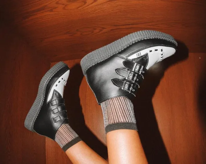 TUK Shoes Boots Women Black and White TUKskin Vegan 3Buckle Pointed Creeper Boot