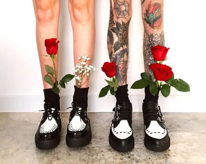 TUK Shoes Boots Women Black and White TUKskin Vegan 3Buckle Pointed Creeper Boot
