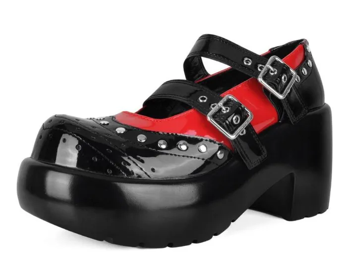 TUK Shoes Mary Janes Women Black and Red Patent Brogue Bubble Mary Jane