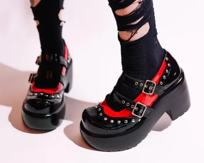 TUK Shoes Mary Janes Women Black and Red Patent Brogue Bubble Mary Jane TUK Shoes Mary Janes Women Black and Red Patent Brogue Bubble Mary Jane