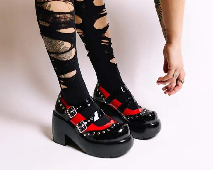 TUK Shoes Mary Janes Women Black and Red Patent Brogue Bubble Mary Jane TUK Shoes Mary Janes Women Black and Red Patent Brogue Bubble Mary Jane