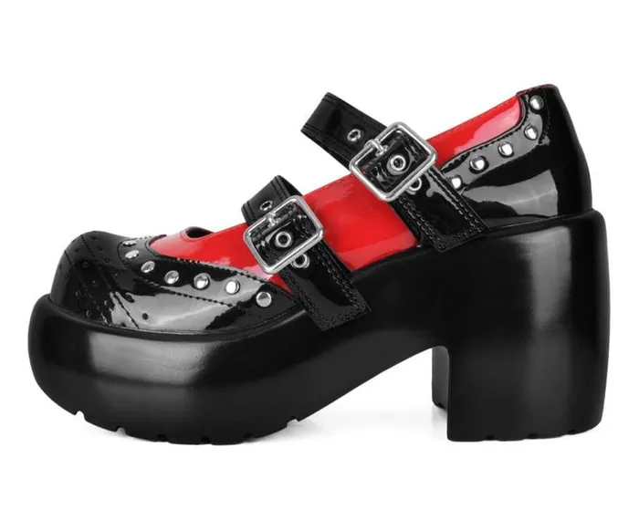 TUK Shoes Mary Janes Women Black and Red Patent Brogue Bubble Mary Jane TUK Shoes Mary Janes Women Black and Red Patent Brogue Bubble Mary Jane