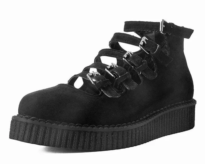 TUK Shoes Mary Janes Women Black Faux Suede Vegan MultiStrap Pointed Mary Jane Creeper Shoes
