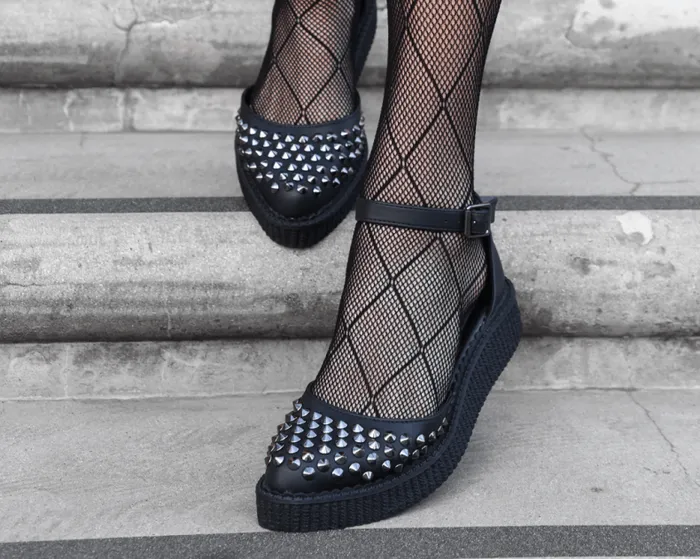 TUK Shoes Mary Janes Women Black TUKskin Pointed Spike Studded Ankle Strap Sandals TUK Shoes Mary Janes Women Black TUKskin Pointed Spike Studded Ankle Strap Sandals