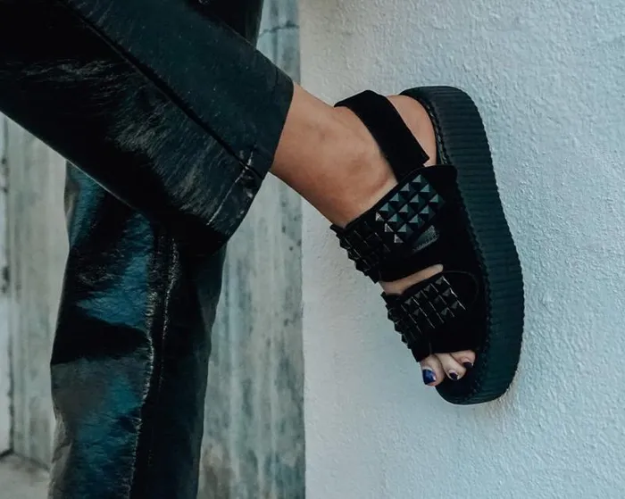 TUK Shoes Sandals Women Black Suede Velcro Studded Sandal TUK Shoes Sandals Women Black Suede Velcro Studded Sandal