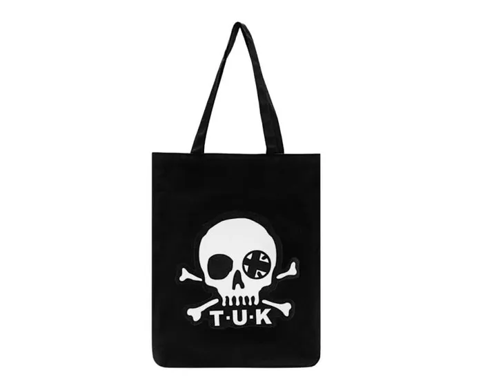 TUK Shoes Stickers Pins Patches Totes Adult Black Skull Logo Canvas Tote Bag