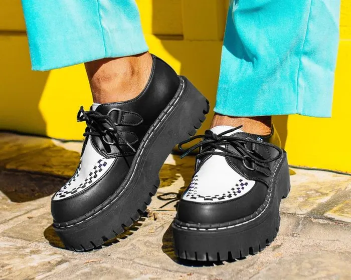 TUK Shoes Vegan Men Black and White TUKskin Interlace Double Decker Creeper