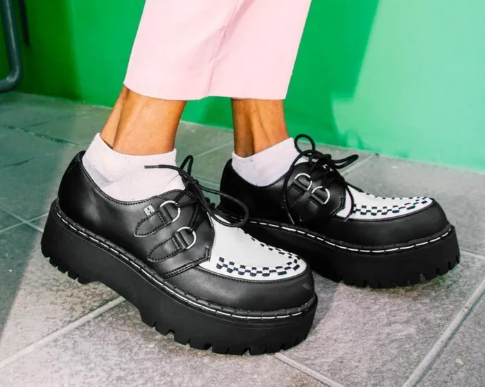 TUK Shoes Vegan Men Black and White TUKskin Interlace Double Decker Creeper