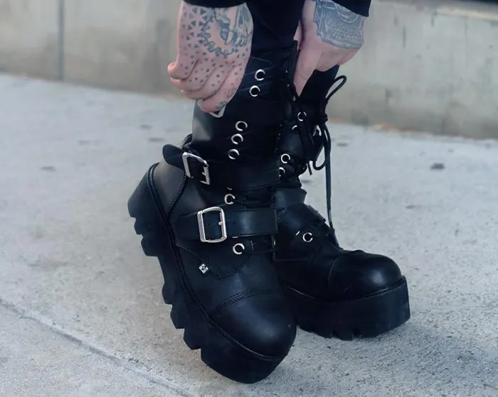 TUK Shoes Vegan Women Black 12Eye 3Strap Dino Boot TUK Shoes Vegan Women Black 12Eye 3Strap Dino Boot