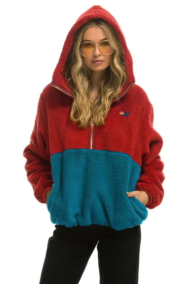 Teddy Unisex Hooded Half Zip Color Block Jacket 8211 Cherry WomenMen Aviator Nation Teddy Jackets Teddy Unisex Hooded Half Zip Color Block Jacket 8211 Cherry WomenMen Aviator Nation Teddy Jackets