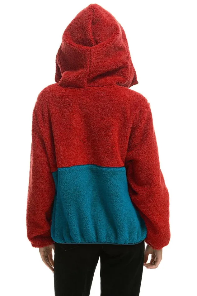 Teddy Unisex Hooded Half Zip Color Block Jacket 8211 Cherry WomenMen Aviator Nation Teddy Jackets