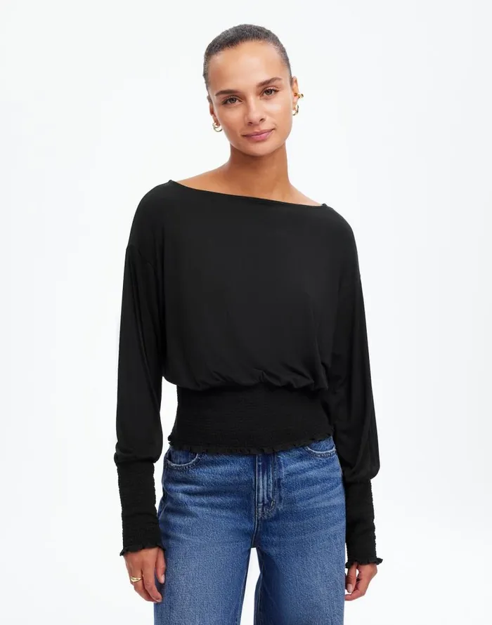 Tees Women Madewell Cinched LongSleeve Top Jet Black