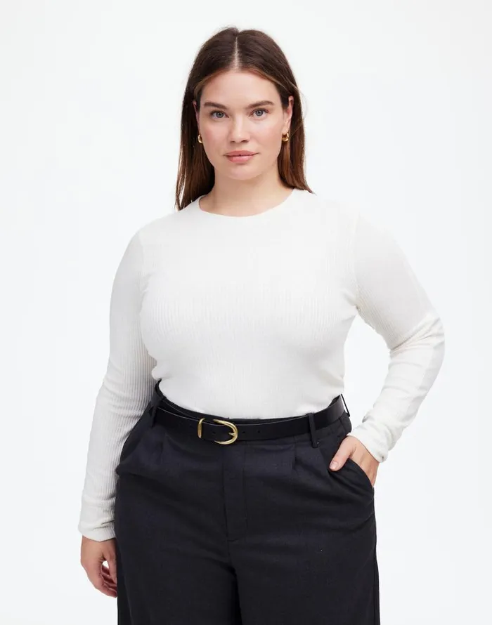 Tees Women Madewell Plus Ribbed Crewneck LongSleeve Tee Hthr Cream