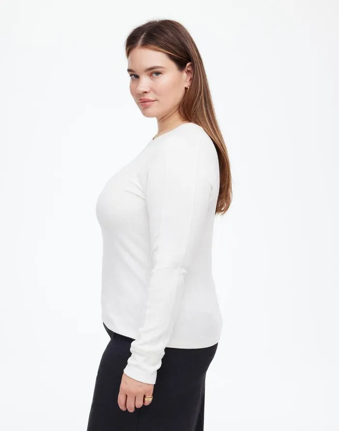 Tees Women Madewell Plus Ribbed Crewneck LongSleeve Tee Hthr Cream