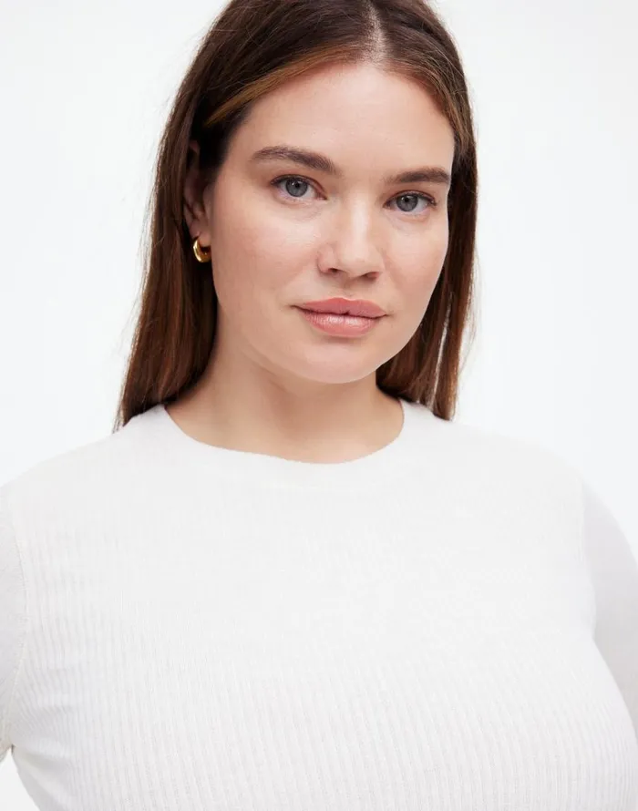 Tees Women Madewell Plus Ribbed Crewneck LongSleeve Tee Hthr Cream