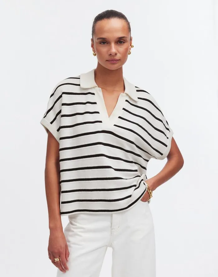 Tees Women Madewell Relaxed VNeck Polo Shirt In Stripe Bright Ivory