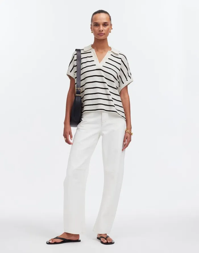 Tees Women Madewell Relaxed VNeck Polo Shirt In Stripe Bright Ivory