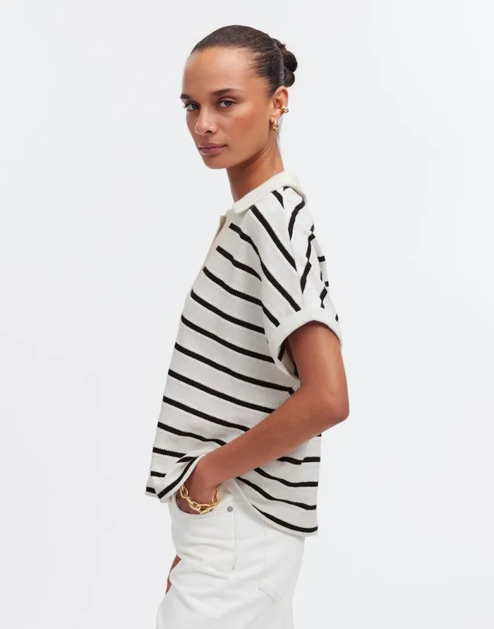 Tees Women Madewell Relaxed VNeck Polo Shirt In Stripe Bright Ivory