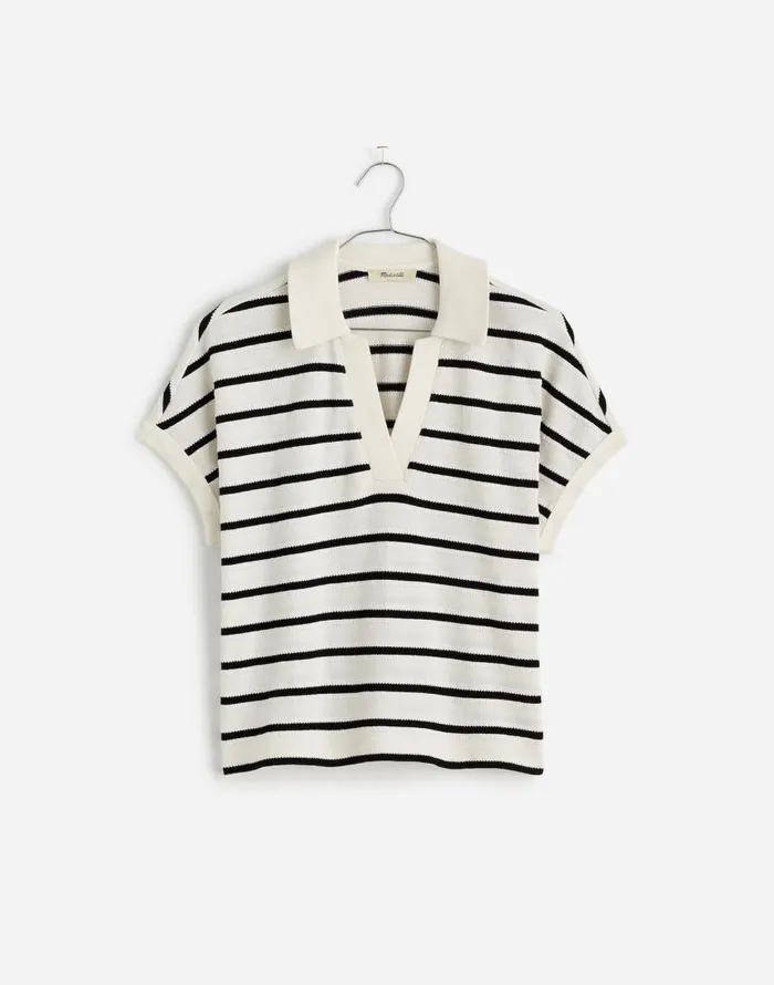 Tees Women Madewell Relaxed VNeck Polo Shirt In Stripe Bright Ivory