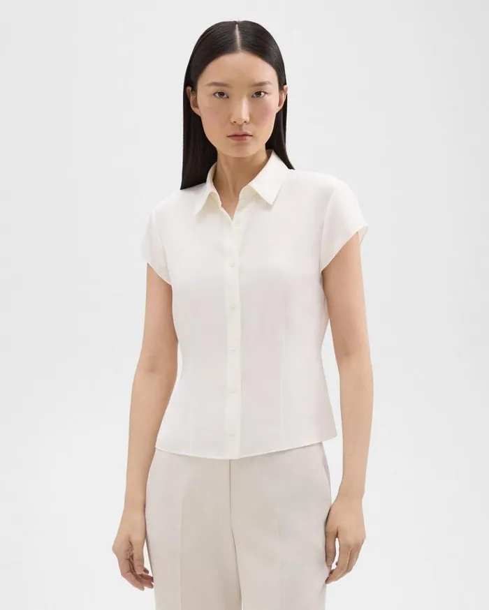 Theory Cap Sleeve Shirt In Silk Georgette Ivory Women Tops