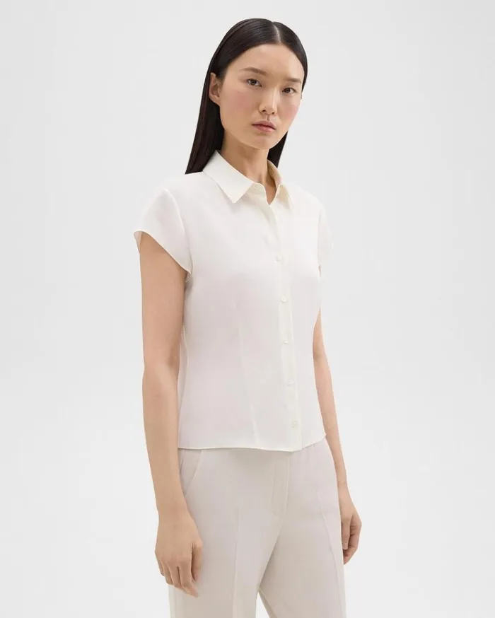 Theory Cap Sleeve Shirt In Silk Georgette Ivory Women Tops