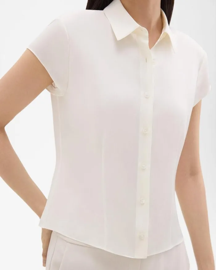 Theory Cap Sleeve Shirt In Silk Georgette Ivory Women Tops