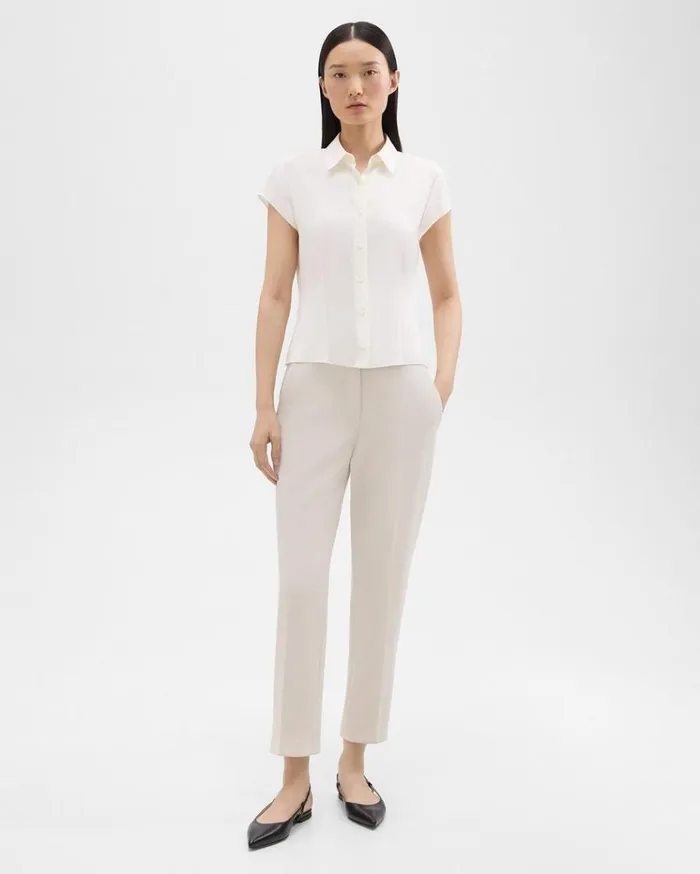 Theory Cap Sleeve Shirt In Silk Georgette Ivory Women Tops