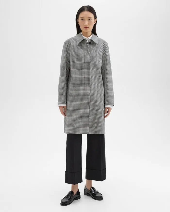 Theory Car Coat In Checked Stretch Wool Black Multi Women Outerwear