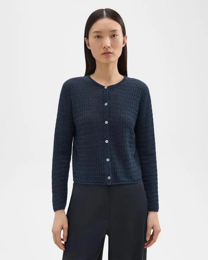 Theory Crewneck Cardigan In Cable Knit Linen Nocturne Navy Women Sweaters Cardigans Theory Crewneck Cardigan In Cable Knit Linen Nocturne Navy Women Sweaters Cardigans