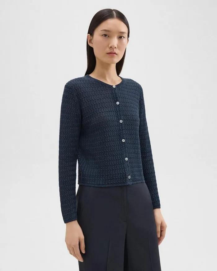 Theory Crewneck Cardigan In Cable Knit Linen Nocturne Navy Women Sweaters Cardigans Theory Crewneck Cardigan In Cable Knit Linen Nocturne Navy Women Sweaters Cardigans