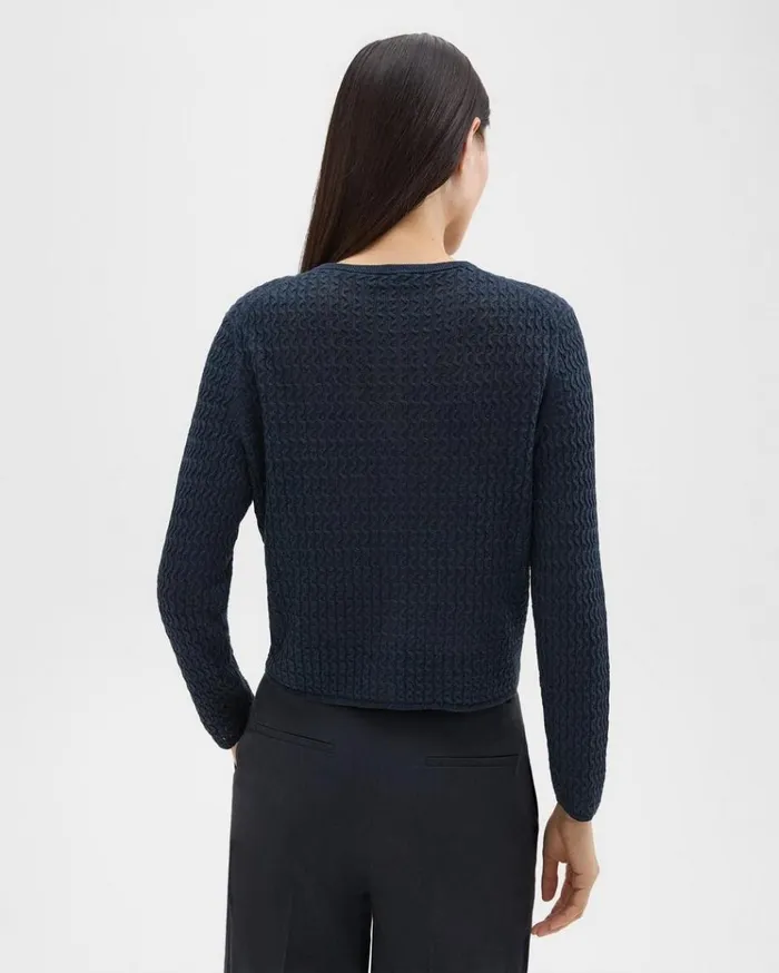 Theory Crewneck Cardigan In Cable Knit Linen Nocturne Navy Women Sweaters Cardigans Theory Crewneck Cardigan In Cable Knit Linen Nocturne Navy Women Sweaters Cardigans