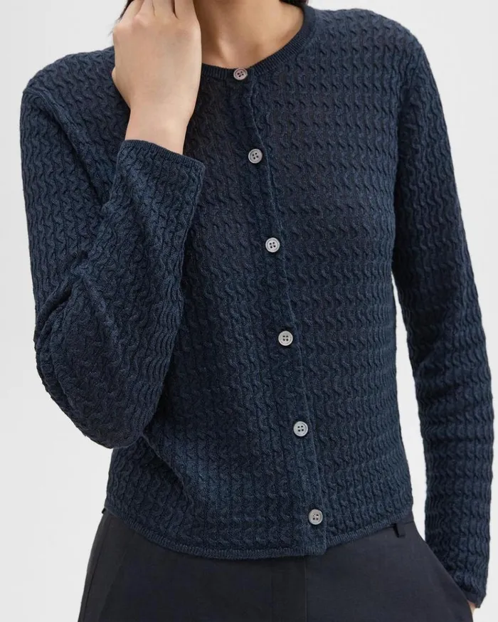 Theory Crewneck Cardigan In Cable Knit Linen Nocturne Navy Women Sweaters Cardigans Theory Crewneck Cardigan In Cable Knit Linen Nocturne Navy Women Sweaters Cardigans