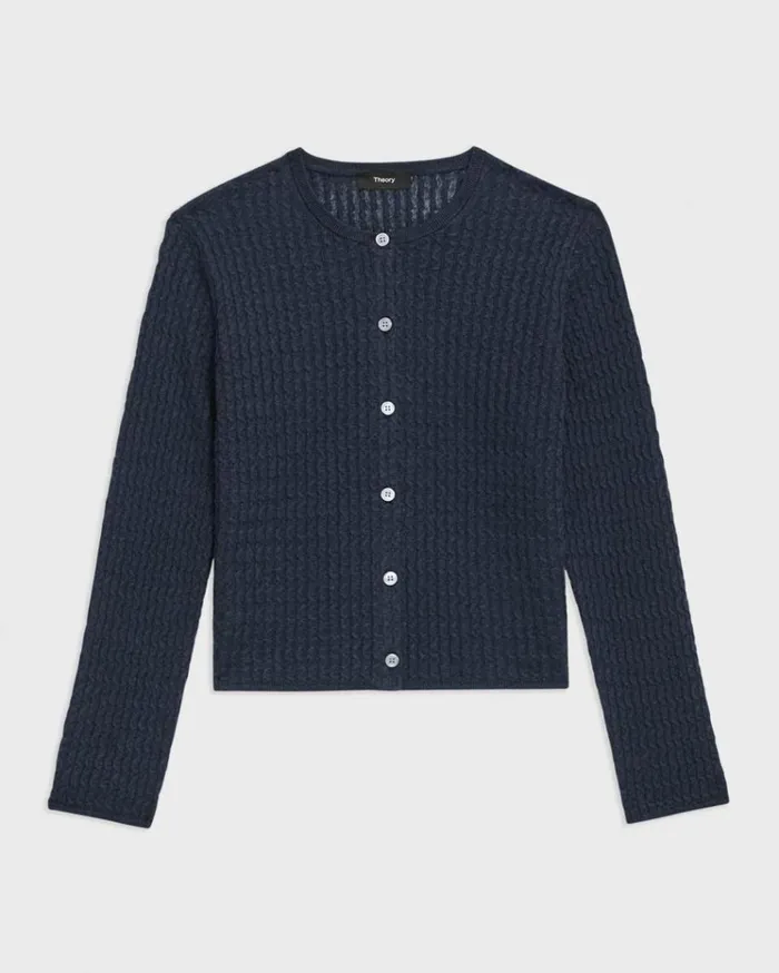 Theory Crewneck Cardigan In Cable Knit Linen Nocturne Navy Women Sweaters Cardigans Theory Crewneck Cardigan In Cable Knit Linen Nocturne Navy Women Sweaters Cardigans