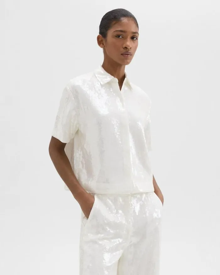 Theory Cropped ShortSleeve Shirt In Recycled Sequins White Women Tops Theory Cropped ShortSleeve Shirt In Recycled Sequins White Women Tops