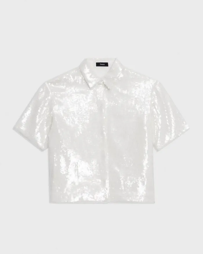 Theory Cropped ShortSleeve Shirt In Recycled Sequins White Women Tops Theory Cropped ShortSleeve Shirt In Recycled Sequins White Women Tops