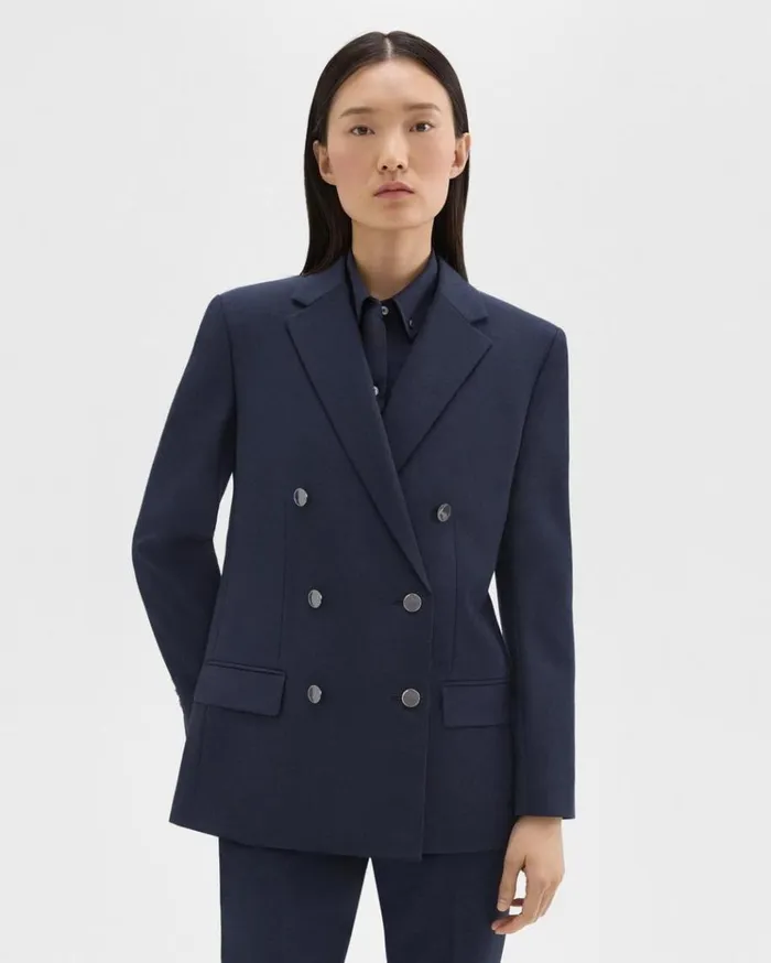 Theory DoubleBreasted Boxy Blazer In Oxford Wool Nocturne Navy Women Suits