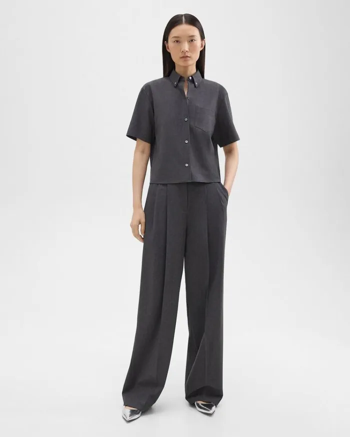 Theory Double Pleat Pant In Good Wool Charcoal Melange Women Pants