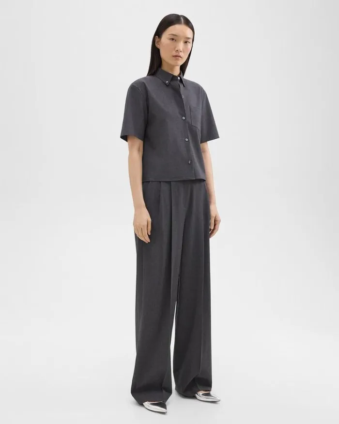Theory Double Pleat Pant In Good Wool Charcoal Melange Women Pants