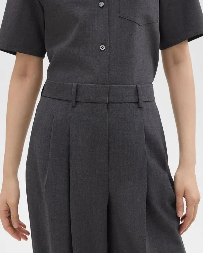 Theory Double Pleat Pant In Good Wool Charcoal Melange Women Pants