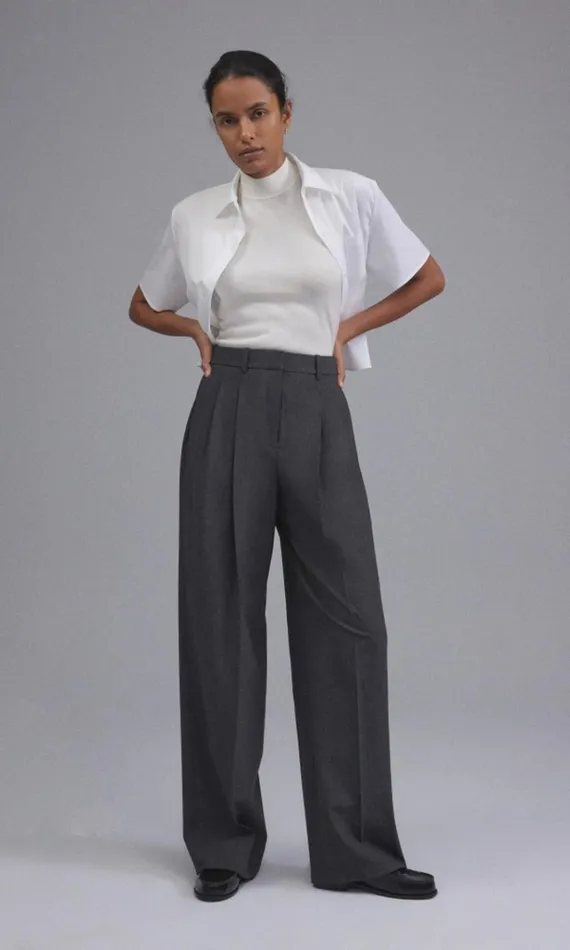 Theory Double Pleat Pant In Good Wool Charcoal Melange Women Pants