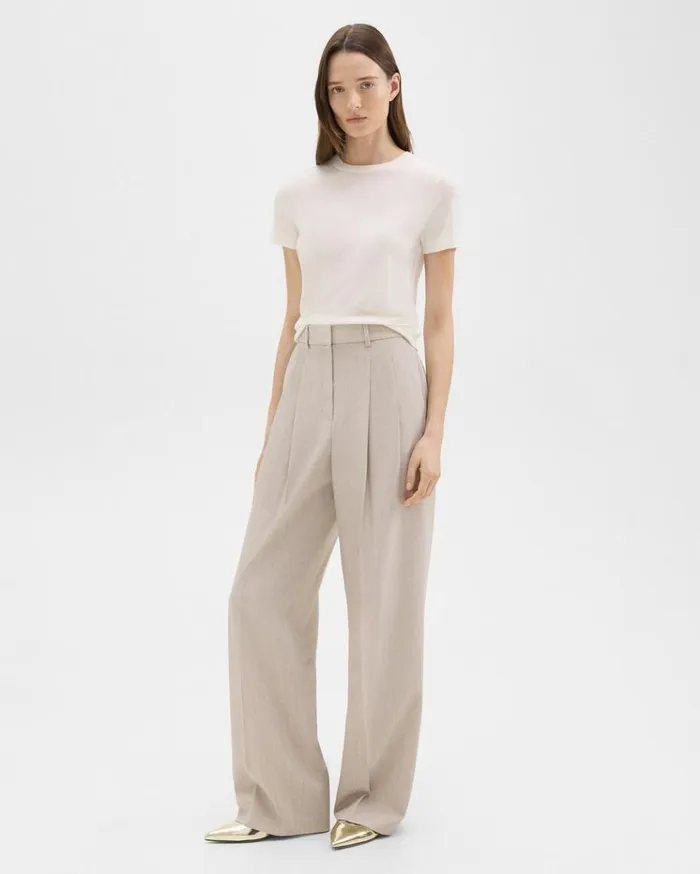 Theory Double Pleat Pant In Good Wool Sand Melange Women Pants